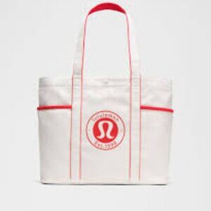 NWT Lululemon Daily Multi-Pocket Canvas Tote, 20 L, Natural/Lulu Red
